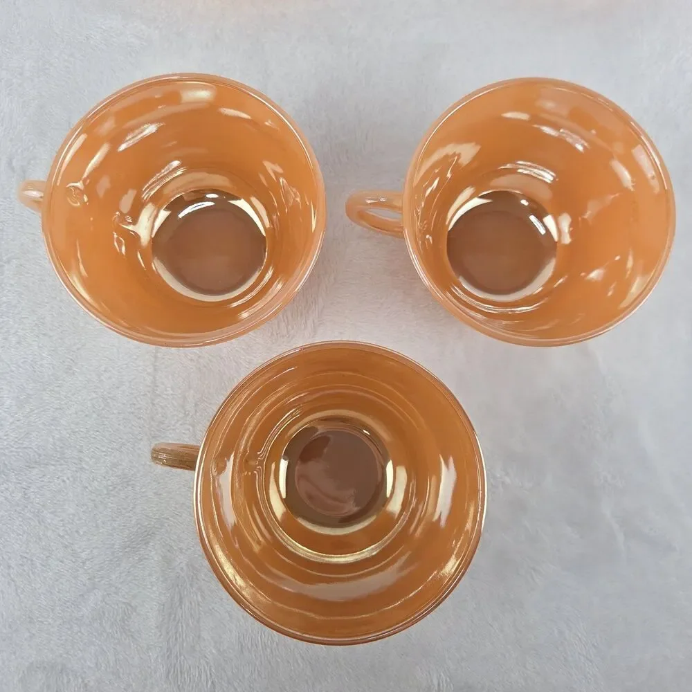 Vintage Set Of 3 Fire King Peach Luster Coffee Tea Cups And Saucers USA